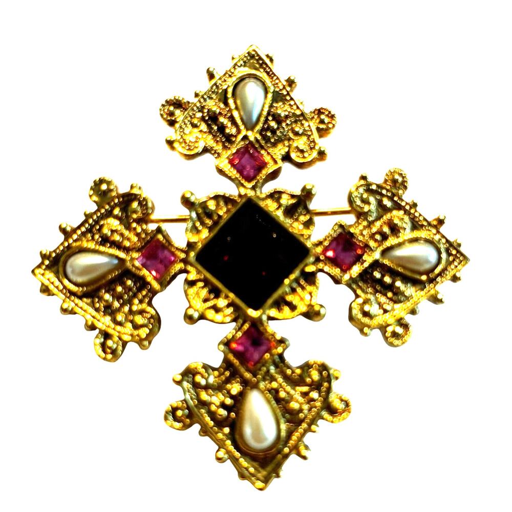 Maltese cross brooch ornate textured gold imitation pearls red pink rhinestones